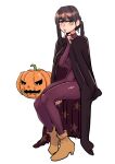  1girl bangs black_cape blush bodysuit brown_footwear brown_hair cape finger_in_mouth full_body halloween invisible_chair jack-o&#039;-lantern long_hair original ponytail purple_bodysuit royal_tea simple_background sitting solo white_background yellow_eyes 