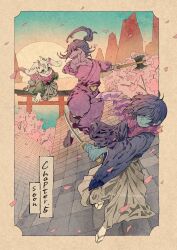  1boy 1girl 1other absurdres animal_ears black_hair blue_skin colored_skin commentary deltaebiko0721 deltarune english_commentary english_text furry furry_female furry_male goat_boy goat_ears hair_over_eyes hakama highres holding holding_sword holding_weapon horns japanese_clothes katana kris_(dark_world)_(deltarune) kris_(deltarune) on_rooftop pink_eyes pink_horns pointing ponytail ralsei reptile_girl sandals sharp_teeth susie_(dark_world)_(deltarune) susie_(deltarune) sword teeth utdr_(toby_fox) weapon yellow_eyes zouri 