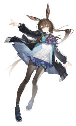  1girl absurdres amiya_(arknights) animal_ears arknights black_jacket black_pantyhose black_shoes blue_eyes blue_skirt brown_hair full_body hair_between_eyes hand_up highres hood hooded_jacket jacket long_hair long_sleeves looking_to_the_side miniskirt open_clothes open_jacket outstretched_arm pantyhose parted_lips pleated_skirt ponytail rabbit_ears rabbit_girl shirt shoes simple_background skirt solo standing white_background white_shirt xing_deng_zsd 