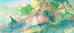  1girl absurdres animal_ears artist_name bell blue_bow blush bow breasts hair_between_eyes hair_ornament highres jingle_bell long_hair lotus_leaf medium_breasts mole mole_under_eye no_shoes original pantyhose pointy_ears shang_guan_lin_ying sitting soles solo tail tail_bell tail_ornament toes white_hair white_pantyhose white_tail 