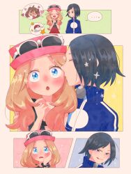  ... 1boy absurdres black_hair blue_eyes blush calem_(pokemon) closed_eyes commentary_request eyewear_on_headwear hat heart hetero highres kiss kissing_cheek mega_ring own_hands_together pink_hat poke_ball poke_ball_(basic) pokemon pokemon_x_and_y serena_(pokemon) shauna_(pokemon) star_(symbol) tsugomori_oekk 