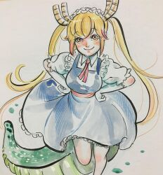  1girl blonde_hair breasts dragon_girl dragon_tail frilled_headwear frilled_skirt frills gloves gradient_hair horns kobayashi-san_chi_no_maidragon large_breasts large_tail long_hair looking_at_viewer maid maid_headdress multicolored_hair necktie open_mouth orange_hair peach_momoko photo_(medium) red_hair red_necktie scales short_sleeves skirt slit_pupils smile solo tail tohru_(maidragon) traditional_media twintails under-elbow_gloves very_long_hair yellow_eyes 