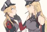  2girls anchor_hair_ornament bangs bismarck_(kantai_collection) black_gloves blonde_hair blue_eyes blush breasts chin_grab elbow_gloves food gloves hair_ornament hat iron_cross kantai_collection long_hair long_sleeves mouth_hold multiple_girls peaked_cap pocky prinz_eugen_(kantai_collection) satsumi simple_background sketch sleeveless twintails upper_body white_background white_gloves yuri 