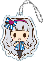  1girl black_eyes black_pants blue_bow blue_shirt blunt_bangs blush_stickers bow charm_(object) chibi collared_shirt copyright_logo copyright_notice employee_uniform full_body hair_bow hair_ornament hairband hand_on_own_chest heart heart_hair_ornament idolmaster logo long_hair official_art open_mouth pants purple_hairband purple_shoes shijou_takane shirt shoes short_sleeves simple_background solid_oval_eyes solo standing striped_bow striped_clothes striped_shirt vertical-striped_clothes vertical-striped_shirt very_long_hair white_background white_bow white_hair white_shirt 