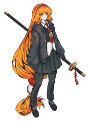  1girl beads black_jacket black_shoes black_vest brown_hairband closed_mouth collared_shirt expressionless freckles full_body green_eyes hair_beads hair_ornament hairband highres holding holding_sword holding_weapon id_card ishmael_(project_moon) jacket lcd_(identity)_(project_moon) limbus_company long_hair looking_at_viewer low-tied_long_hair necktie orange_hair project_moon red_necktie rinri_020 shirt shoes solo sword very_long_hair vest weapon white_shirt 