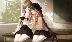  2girls arm_hug black_hair black_ribbon black_skirt blue_eyes bright_pupils brown_cardigan brown_hair cardigan cellphone chair chalkboard chibi classroom closed_mouth columbina_(genshin_impact) day desk earphones expressionless eyelashes feathered_wings feet_out_of_frame fingernails genshin_impact gradient_hair hair_over_shoulder hair_spread_out head_wings highres holding holding_phone indoors lankie long_hair long_sleeves looking_at_phone low-tied_sidelocks mini_wings miniskirt multicolored_hair multiple_girls nail_polish on_desk open_cardigan open_clothes parted_bangs phone pink_hair pink_nails pleated_skirt ribbon sandrone_(genshin_impact) school_chair shadow shared_earphones shirt sidelocks sitting skirt smartphone smile twintails very_long_hair violet_eyes white_pupils white_shirt white_wings window wings yuri 