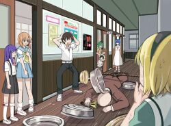  4boys 5girls belt black_hairband black_pants blonde_hair blue_sailor_collar blue_skirt bow bowtie brown_hair chie_rumiko commentary_request dress furude_rika green_hair hairband hallway highres higurashi_no_naku_koro_ni houjou_satoko indoors maebara_keiichi multiple_boys multiple_girls nauka orange_hair pants pink_bow pink_bowtie pleated_skirt purple_hair ryuuguu_rena sailor_collar school school_uniform serafuku shirt shoes short_hair short_sleeves skirt socks sonozaki_mion suspender_skirt suspenders uwabaki white_belt white_dress white_sailor_collar white_shirt white_shoes white_socks 