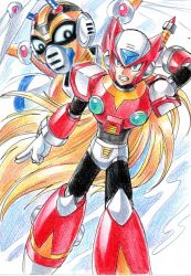  2boys android armor blonde_hair blue_eyes character_request chest_jewel clenched_teeth forehead_jewel helmet hijiriiyaa long_hair male_focus mega_man_(series) mega_man_x_(series) multiple_boys parted_lips red_armor red_helmet teeth zero_(mega_man) 