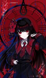  1girl armband black_capelet black_hair black_shirt black_skirt capelet character_name clock closed_mouth collared_shirt cowboy_shot crown dated flower gloves hair_flower hair_ornament highres layered_skirt long_hair long_sleeves looking_at_viewer mahou_shoujo_no_majo_saiban necktie nikaido_hiro noose plaid_clothes plaid_skirt pleated_skirt red_armband red_background red_eyes red_flower red_necktie red_skirt roman_numeral shirt side_capelet skirt solo soni32303850 straight-on white_gloves white_shirt 