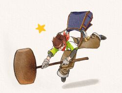  >_< 1boy bag blue_bag brown_hair brown_pants commentary_request dekopoko gloves grey_gloves hammer highres holding holding_hammer huge_weapon karol_capel layered_sleeves male_focus mallet neckerchief painting_(medium) pants red_neckerchief shirt short_hair shoulder_bag simple_background solo star_(symbol) tales_of_(series) tales_of_vesperia traditional_media watercolor_(medium) weapon white_background 