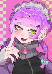 1girl absurdres barbell_piercing black_jacket black_nails blunt_bangs blunt_ends blush bow braid checkered_background commentary_request diamond_hair_ornament double_bun ear_piercing earrings fang frilled_hairband frills gradient_background green_bow green_eyes hair_bow hair_bun hair_ornament hairband hand_on_own_cheek hand_on_own_face hand_up head_tilt heart heart_hair_ornament heart_pendant high_collar highres hololive industrial_piercing jacket jersey_maid jewelry long_sleeves looking_at_viewer maid maid_headdress medium_hair multiple_earrings nail_polish official_alternate_costume official_alternate_hairstyle open_mouth piercing pixel_heart pixelated purple_background purple_hair purple_sleeves raglan_sleeves raised_eyebrows scissors_hair_ornament sidelocks sleeves_past_wrists slit_pupils smile smirk solo sparkling_eyes striped_sleeves teeth tokoyami_towa tokoyami_towa_(jersey_maid) track_jacket twin_braids unconventional_maid upper_body upper_teeth_only virtual_youtuber white_hairband yuuppi zipper 