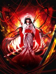  1girl absurdres black_hair cherry_oux colored_inner_hair commentary_request highres holding holding_behind_back holding_sword holding_sword_behind_back holding_weapon holding_weapon_behind_back japanese_clothes katana kimono limbus_company looking_at_viewer multicolored_hair official_alternate_costume official_alternate_hairstyle project_moon red_eyes red_hair ryoshu_(project_moon) solo sword two-tone_hair weapon white_kimono 