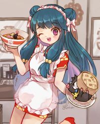  1girl apron artist_name bamboo_steamer bow bowl chinese_clothes dated dress food hair_bow highres holding holding_bowl holding_plate long_hair maid_apron maid_headdress one_eye_closed open_mouth p-chan_(ranma_1/2) plate purple_hair ranma_1/2 red_dress shampoo_(ranma_1/2) shina_(shiina_tsuushin) sidelocks signature smile violet_eyes white_apron white_bow 