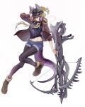  1girl baseball_cap blonde_hair bow_(weapon) crossbow english_commentary floating green_eyes hat headphones headphones_around_neck highres holding holding_weapon huge_weapon jacket leggings looking_down navel original short_shorts shorts solo theamazingspino two_side_up weapon white_background 