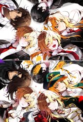  2girls 3boys absurdres ahoge black_eyes black_hair blonde_hair brown_hair cherry_oux commentary_request dark-skinned_male dark_persona dark_skin don_quixote_(project_moon) dual_persona e.g.o_(project_moon) expressionless eyepatch flower green_eyes hair_between_eyes hat heathcliff_(project_moon) highres ishmael_(project_moon) la_manchaland_(identity)_(project_moon) limbus_company long_hair looking_at_viewer lying military_hat multiple_boys multiple_girls multiple_views n_corp._fanatic_(identity)_(project_moon) on_back open_mouth orange_hair pequod_(identity)_(project_moon) project_moon red_eyes sancho_(project_moon) sidelocks sinclair_(project_moon) smile spicebush_(e.g.o) technology_liberation_alliance_(identity)_(project_moon) very_long_hair wuthering_heights_(identity)_(project_moon) yellow_eyes yellow_flower yi_sang_(project_moon) 