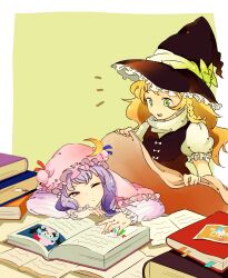  2girls black_vest blanket blonde_hair blue_bow book bow braid commentary_request covering_another covering_with_blanket crescent crescent_hat_ornament double_bun green_eyes hair_bun hand_rest hat hat_bow hat_ornament hat_ribbon head_rest highres kirisame_marisa long_hair looking_at_another mob_cap multiple_girls ni-hi-l one_eye_closed open_book patchouli_knowledge pink_eyes purple_hair red_bow remilia_scarlet ribbon shirt single_braid sitting touhou turtleneck turtleneck_shirt vest vest_bow white_shirt witch_hat 