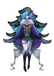  1girl absurdres bare_shoulders black_boots black_dress blue_dress blue_eyes blue_gloves blue_hair boots changethe colored_inner_hair commentary_request dress duel_masters duel_masters_play's elbow_gloves fingernails fins fish_girl full_body gloves head_fins highres long_hair multicolored_dress multicolored_hair off-shoulder_dress off_shoulder pale_skin puramozuki0426 purple_hair solo veil very_long_hair white_background 