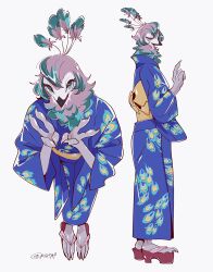  1girl animal_feet beak bird_girl blue_eyes blue_hair blue_kimono claws commentary double_v full_body furry furry_female highres japanese_clothes kimono looking_at_viewer miz7xf multiple_views original peafowl peahen purple_hair simple_background untranslatable_commentary v white_background 