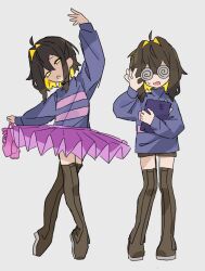  1other adjusting_eyewear ahoge androgynous arm_up ballet ballet_slippers blonde_hair book boots brown_boots brown_hair brown_shorts coke-bottle_glasses colored_inner_hair frisk_(undertale) full_body glasses hair_between_eyes hair_intakes head_tilt holding holding_book holding_slippers long_sleeves multicolored_hair multiple_expressions multiple_views niyon_224 open_mouth pink_skirt purple_sweater short_hair shorts shorts_under_skirt sidelocks simple_background skirt standing sweater thigh_boots tutu undertale utdr_(toby_fox) white_background yellow_eyes 