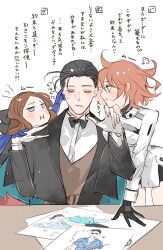  1boy 2girls black_gloves black_hair blue_eyes blue_gloves bow bowtie brown_hair brown_vest closed_eyes drawing_(object) fate/grand_order fate_(series) fujimaru_ritsuka_(female) fujimaru_ritsuka_(female)_(decisive_battle_chaldea_uniform) gloves highres lapels leaning_forward leonardo_da_vinci_(fate) leonardo_da_vinci_(rider)_(fate) long_sleeves majamari multiple_girls orange_eyes pout profile shawl_lapels sherlock_holmes_(fate) short_hair vest white_gloves 