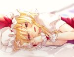  bed_sheet blonde_hair bow eyebrows_visible_through_hair fangs flandre_scarlet frills hand_in_hair hat hi_o_kawa lying mob_cap on_side open_mouth pointy_ears red_bow red_eyes red_vest short_hair smile touhou vest white_sleeves wrist_cuffs 