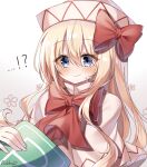  !? 1girl absurdres artist_name bangs blonde_hair blue_eyes blush bow bowtie capelet closed_mouth commentary_request confused dress eyebrows_visible_through_hair floral_background hair_between_eyes hat hat_bow highres lily_white long_hair open_mouth power-up pudding_(skymint_028) red_bow red_neckwear signature simple_background solo sweatdrop touhou white_capelet white_dress white_headwear 