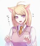  1girl ahoge akamatsu_kaede animal_ears bangs blonde_hair breasts cat_ears claw_pose collared_shirt commentary_request dangan_ronpa fangs flying_sweatdrops hair_ornament kemonomimi_mode ksbt0000 large_breasts long_hair long_sleeves looking_at_viewer musical_note musical_note_hair_ornament necktie new_dangan_ronpa_v3 open_mouth orange_neckwear school_uniform shirt simple_background smile solo sweater_vest swept_bangs translation_request upper_body violet_eyes white_background white_shirt 