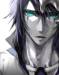  1boy aqua_eyes bleach blue_hair collarbone highres hishui_prpr looking_at_viewer male_focus open_mouth portrait short_hair solo ulquiorra_cifer white_background white_skin 