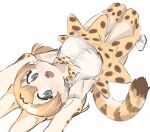  1girl :o animal_ears armpits bangs black_eyes blonde_hair blush bow bowtie breasts elbow_gloves eyebrows_visible_through_hair fangs gloves highres kemono_friends kona_ming looking_at_viewer lying medium_breasts on_back open_mouth serval_(kemono_friends) serval_ears serval_print serval_tail shirt short_hair sketch skirt sleeveless sleeveless_shirt solo tail thigh-highs white_background 