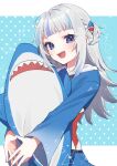  1girl blue_eyes blue_hair blue_jacket gawr_gura highres hinakano_h holding holding_stuffed_toy hololive jacket long_hair looking_at_viewer multicolored_hair open_mouth sharp_teeth solo stuffed_animal stuffed_shark stuffed_toy teeth two-tone_hair virtual_youtuber white_hair 