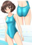  1girl absurdres akiyama_yukari aqua_swimsuit asics ass blurry blush breasts brown_eyes brown_hair clothes_writing commentary_request competition_swimsuit cowboy_shot depth_of_field girls_und_panzer highres logo looking_at_viewer multiple_views nose_blush one-piece_swimsuit pool short_hair small_breasts standing swimsuit takafumi 