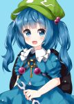  1girl :d backpack bag black_bag blue_background blue_eyes blue_hair blue_shirt blue_skirt blush commentary_request cowboy_shot eyebrows_visible_through_hair frills green_headwear hair_bobbles hair_ornament hat highres holding holding_wrench kawashiro_nitori key long_hair looking_at_viewer open_mouth ruu_(tksymkw) shirt simple_background skirt smile solo touhou two_side_up wrench 