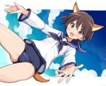  1girl animal_ears blouse blue_neckwear blue_sailor_collar blue_sky blue_swimsuit blush brown_eyes brown_hair clouds cloudy_sky commentary_request crotch_seam day dress dutch_angle eyebrows_visible_through_hair long_sleeves looking_at_viewer miyafuji_yoshika neckerchief odawara_hakone open_mouth outside_border outstretched_arms partial_commentary sailor_collar sailor_dress school_swimsuit short_hair sky smile solo spread_arms standing strike_witches swimsuit swimsuit_under_clothes tail uniform white_blouse world_witches_series 