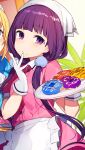  2girls apron blend_s closed_mouth doughnut dress food food_on_face gloves hand_up head_scarf highres hinata_kaho holding holding_tray long_hair looking_at_viewer low_twintails mika_pikazo multiple_girls out_of_frame pink_dress purple_hair sakuranomiya_maika short_sleeves solo_focus standing tray twintails very_long_hair violet_eyes waist_apron white_apron white_gloves 