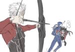 1girl 2boys archer armor arrow_(projectile) bangs black_legwear blue_bodysuit blush bodysuit bow_(weapon) brown_footwear commentary_request cu_chulainn_(fate)_(all) fate/stay_night fate_(series) grey_hair heart highres holding holding_bow_(weapon) holding_weapon lancer long_hair long_sleeves looking_at_another mondi_hl multiple_boys open_mouth ponytail red_shirt running shirt short_hair shoulder_armor shoulder_plates sketch speech_bubble thigh-highs translation_request weapon 