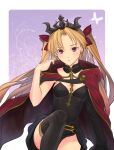  1girl asymmetrical_long_sleeves between_breasts black_choker black_legwear black_leotard blonde_hair border bow breasts cape choker closed_mouth diadem earrings ereshkigal_(fate/grand_order) fate/grand_order fate_(series) floating_hair frown hair_bow hair_intakes highres jewelry leotard long_hair looking_at_viewer outside_border purple_background red_bow red_cape red_eyes ri-ko single_sleeve sitting small_breasts solo strapless strapless_leotard thigh-highs twintails very_long_hair white_border 