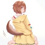  1girl absurdres animal_ears bare_legs barefoot blush braid brown_eyes brown_hair choker commentary dog_ears dog_tail dress eyebrows_visible_through_hair from_behind full_body highres hololive inugami_korone jacket looking_at_viewer looking_back medium_hair motion_lines off_shoulder parted_lips red_choker side_braids simple_background sitting solaaki soles solo tail tail_wagging twin_braids virtual_youtuber wariza white_background white_dress yellow_jacket 