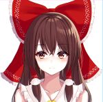  1girl bangs bare_shoulders blush bow brown_eyes brown_hair closed_mouth collarbone commentary_request crossed_bangs eyebrows_visible_through_hair hair_bow hair_tubes hakurei_reimu highres kure:kuroha long_hair looking_to_the_side portrait red_bow simple_background solo touhou white_background yellow_neckwear 