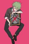  1boy ahoge amami_rantarou bare_arms brown_vest closed_eyes commentary_request d4ng4nn6bu12 dangan_ronpa eyelashes full_body green_hair grey_pants hair_between_eyes holding_picture iei male_focus necktie new_dangan_ronpa_v3 pants pink_background shirt short_hair short_sleeves simple_background solo spoilers striped striped_neckwear sweatdrop vest white_shirt 