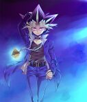  1boy arm_up belt belt_buckle black_belt black_hair black_shirt blonde_hair blue_background blue_jacket blue_pants blue_theme buckle chain collar collarbone hair_intakes jacket long_hair long_sleeves looking_at_viewer male_focus millennium_puzzle multicolored_hair mutou_yuugi open_clothes open_jacket pants parted_lips purple_hair red_eyes seren_(seresere) shirt solo spiky_hair standing thigh_gap yu-gi-oh! yu-gi-oh!_duel_monsters 