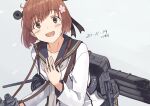  1girl artist_name binoculars black_sailor_collar blush brown_eyes brown_hair cherry_blossoms dated dress flower grey_neckwear hair_flower hair_ornament jewelry kantai_collection kawashina_(momen_silicon) neckerchief open_mouth remodel_(kantai_collection) ring round_teeth sailor_collar sailor_dress short_hair smile solo teeth upper_body upper_teeth wedding_band yukikaze_(kantai_collection) 