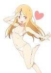  1girl absurdres bikini blonde_hair blush breasts bural_chingu hair_between_eyes heart highres lee_ji-min leg_up looking_at_viewer luke_(dydansgur) navel open_mouth red_eyes simple_background small_breasts smile swimsuit white_background 