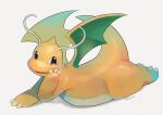 artist_name brown_eyes claws commentary_request dragonite full_body gen_1_pokemon hand_on_own_cheek highres kikuyoshi_(tracco) looking_to_the_side no_humans pokemon pokemon_(creature) shiny smile solo watermark 