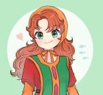  1girl closed_mouth curly_hair dragon_quest dragon_quest_vii dress green_eyes highres hood long_hair looking_at_viewer maribel_(dq7) orange_hair simple_background smile solo 