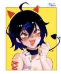  absurdres ahegao ahoge bandaid bangs bare_shoulders black_hair black_nails blue_hair blush border collarbone commentary_request crying crying_with_eyes_open demon_tail face fake_horns hair_ornament hands_up highres horns jewelry original outside_border red_eyes red_horns ring tail tears tongue tongue_out translation_request white_border x_hair_ornament yegou yellow_background 