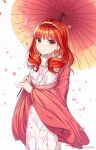  1girl alternate_costume blurry celica_(fire_emblem) cherry_blossoms depth_of_field earrings fire_emblem fire_emblem_echoes:_shadows_of_valentia flower fur_collar highres holding holding_umbrella japanese_clothes jewelry kimono long_hair long_sleeves looking_at_viewer obi oil-paper_umbrella parasol petals red_eyes redhead sash smile snowsakurachan solo twitter_username umbrella white_background white_kimono wide_sleeves 