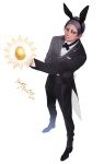  1boy alternate_costume animal_ears bangs black_pants black_suit bow bowtie buttons dark_skin dark_skinned_male egg english_text food foreshortening formal full_body garamgum glowing golden_egg golden_kamuy happy_easter holding holding_egg holding_food koito_otonoshin long_sleeves male_focus pants parted_bangs purple_hair rabbit_ears short_hair standing suit violet_eyes white_background 