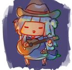  1girl :d =_= animal_costume animal_hood bangs blue_background blue_hair blunt_bangs chibi commentary cowboy_hat english_commentary fish_tail full_body gawr_gura guitar hat highres holding holding_instrument hololive hololive_english hood hood_down hoodie instrument kirbym medium_hair multicolored_hair open_mouth shark_costume shark_girl shark_hood shark_tail simple_background smile solo standing streaked_hair tail two_side_up virtual_youtuber 