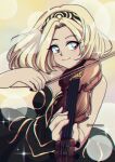  1990s_(style) 1girl akkasayu artist_name blonde_hair commission film_grain gravity_daze hairband highres instrument kitten_(gravity_daze) looking_to_the_side music playing_instrument red_eyes smile solo violin 