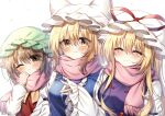  3girls ;&lt; absurdres animal_ears blonde_hair blush breasts brown_eyes brown_hair cat_ears chen closed_eyes closed_mouth commentary_request eyebrows_visible_through_hair eyes_visible_through_hair fang flat_chest green_headwear hand_on_own_face hat hat_ribbon highres juliet_sleeves large_breasts long_hair long_sleeves looking_at_viewer medium_breasts medium_hair mob_cap multiple_girls one_eye_closed pink_scarf pudding_(skymint_028) puffy_sleeves red_ribbon ribbon scarf short_hair signature simple_background skin_fang sleeves_past_wrists slit_pupils smile tabard touhou upper_body white_background white_headwear wide_sleeves yakumo_ran yakumo_yukari yellow_eyes yellow_neckwear 